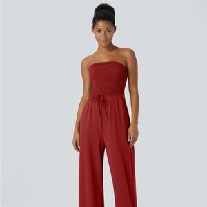 Tube Shirred Knot Pocket Wide Leg Casual Jumpsuit